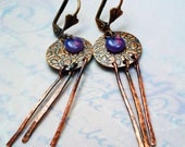 Stamped Copper Disk Earrings - Hammered Fringes, Rose Taupe Glass, Fancy Leaver Back Ear Wires