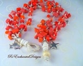 Beachy Simulated Knotted Coral and White Linen Aklet, Silver Fish, Silver Starfish, Five Strands