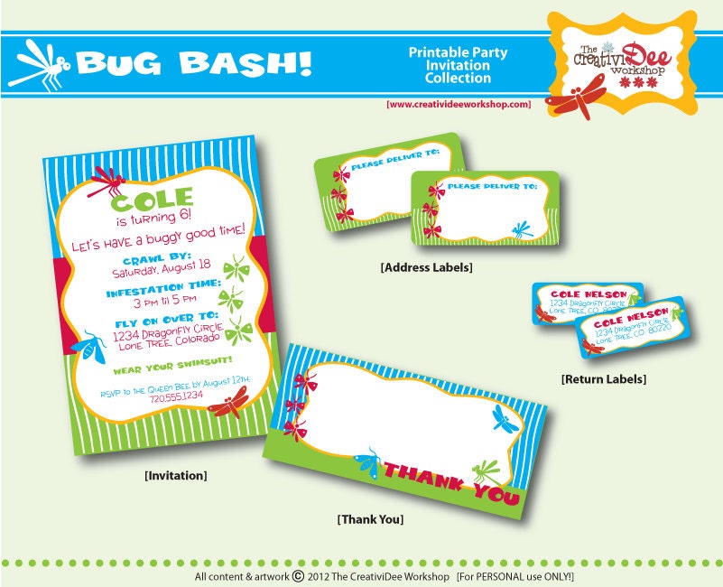 Bug Bash Birthday Party - Printable Invitation, Thank You, Address and Return Labels