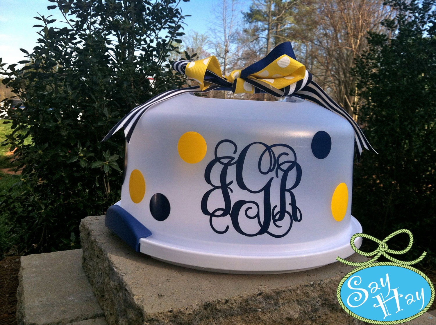 Monogrammed Totable Cake Carrier Personalized in the ribbon, polka dots, and monogram of your choice