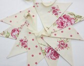 Fabric Bunting Shabby Chic Style Flowers and Dots  Cream with Pink 9 double sided flags Wedding, Christening, Baby Shower, Birthday Decor