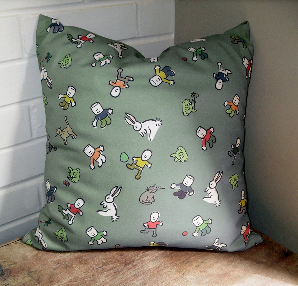 16 x 16 Green Marshmallow Friends Children's Whimsical Pillow Cover-Kid's Bedroom Throw Toss Accent Pillow Cover