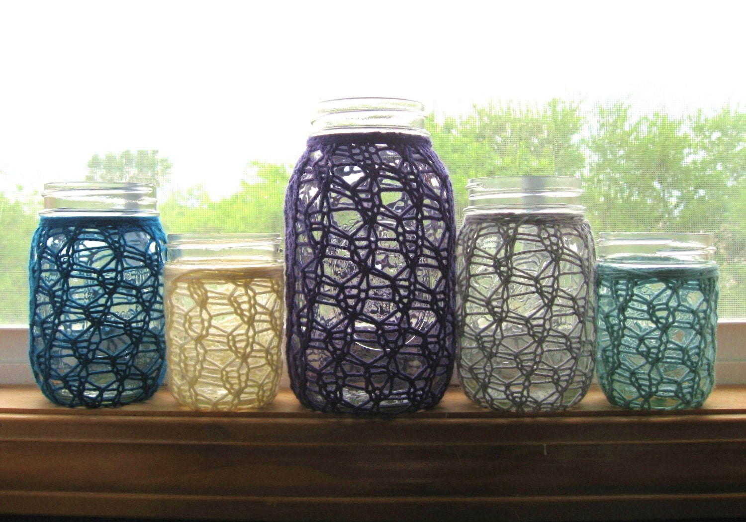 Mason Jar Wedding Centerpieces - Wedding Decoration - Beach Cottage Decor - Lace Knit - Merino Blend - Set of 5 - Ocean Blues & Purple