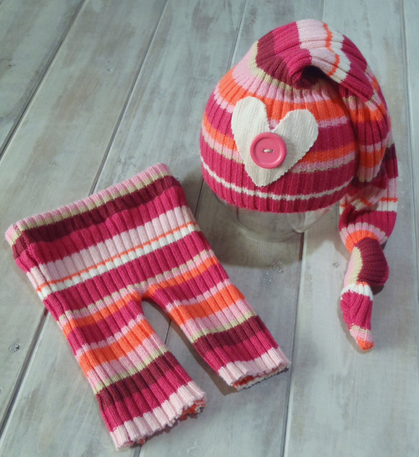 Newborn photography girls hat and pants bright pink striped set baby photo props