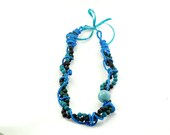 Huge glossy fiber cord knot blue black necklace modern up cycled summer fall fashion jewelry