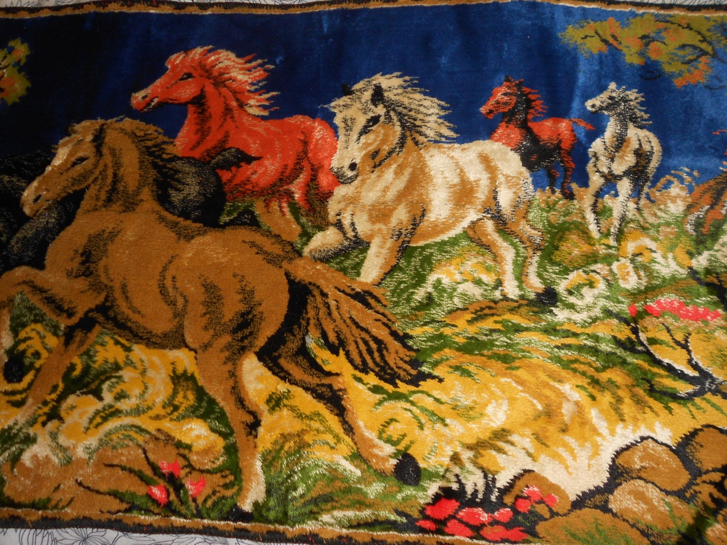 Wild Horses Tapestry Vintage Mid Century Italian Wall Hanging - Ornate Lush Decorative Panel