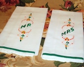 Set of Vintage Hand Embroidered MR and MRS Hand Towels
