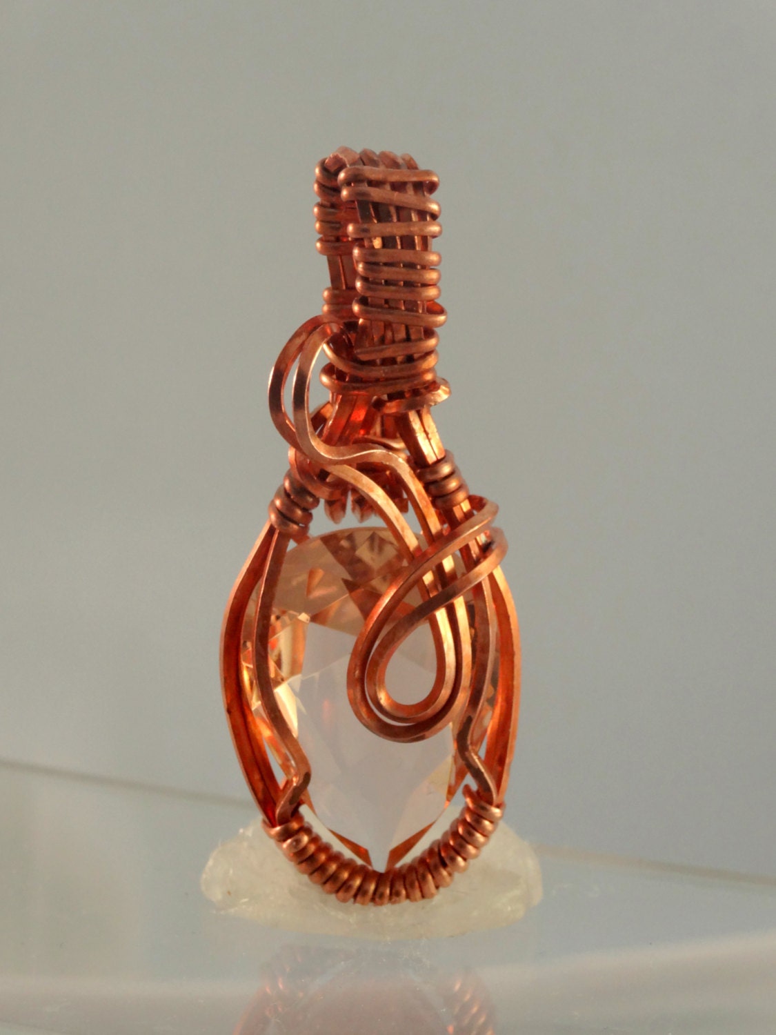 Copper Wire Wrapped Peach Crystal Pendant