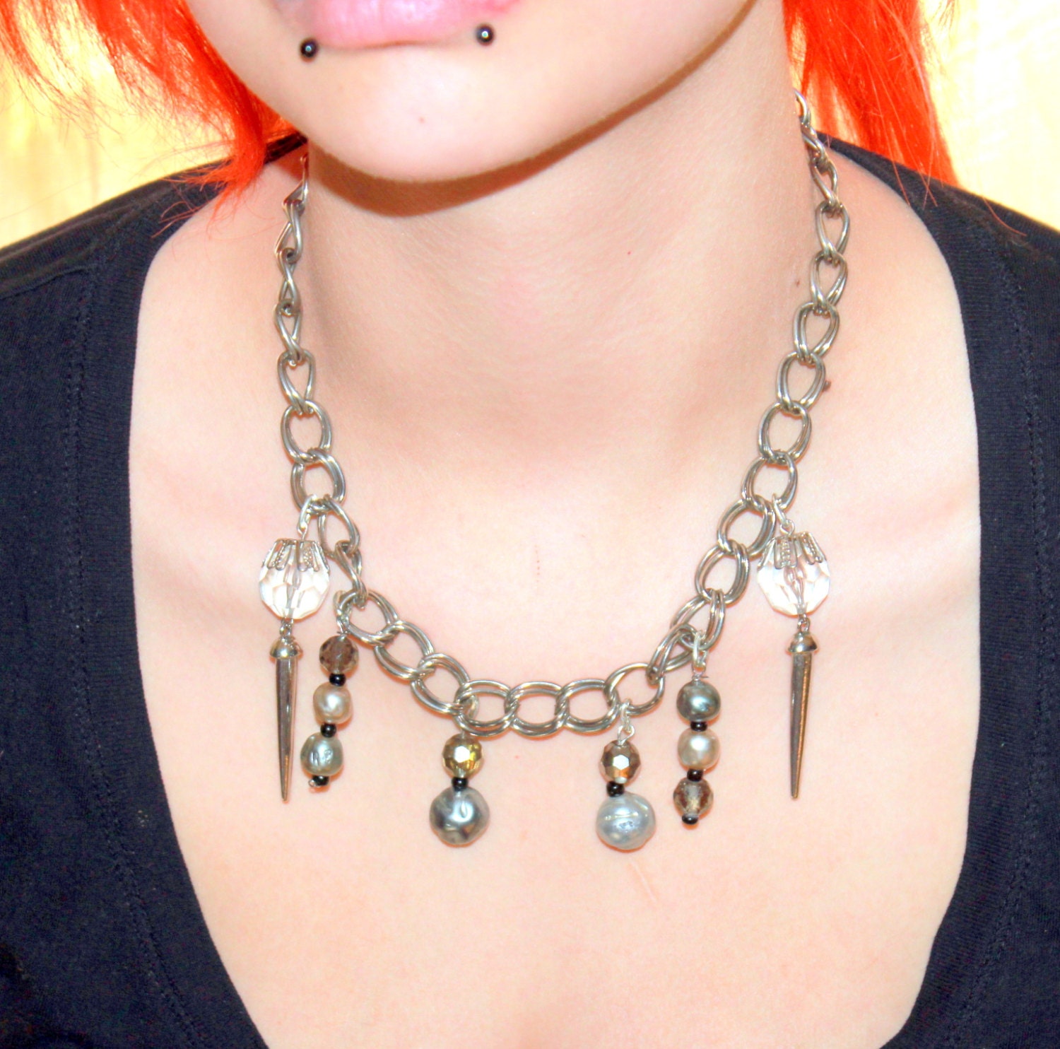 Metal Fringe Dagger Necklace Re-Purposed Upcycled Victorian Styled Necklace Silver
