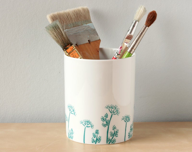 Umbel flowers vase - Teal flowers and leaves porcelain jar