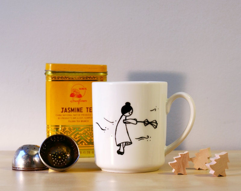 Illustrated Mug with a girl in the storm - Annabelle in the storm white mug - Made to order