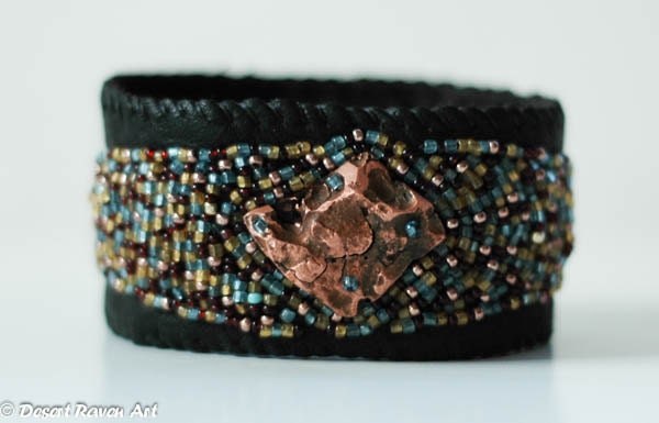 Beaded leather cuff with genuine copper nugget