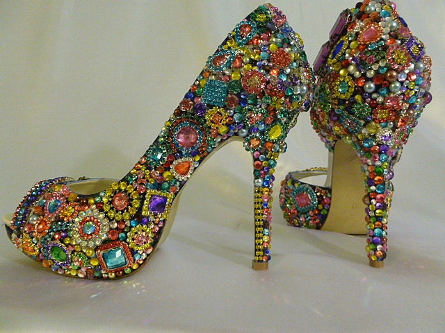 Cinderella's Rainbow... Brilliant colorful, crystal, glass and pearl embellished wedding and party shoes