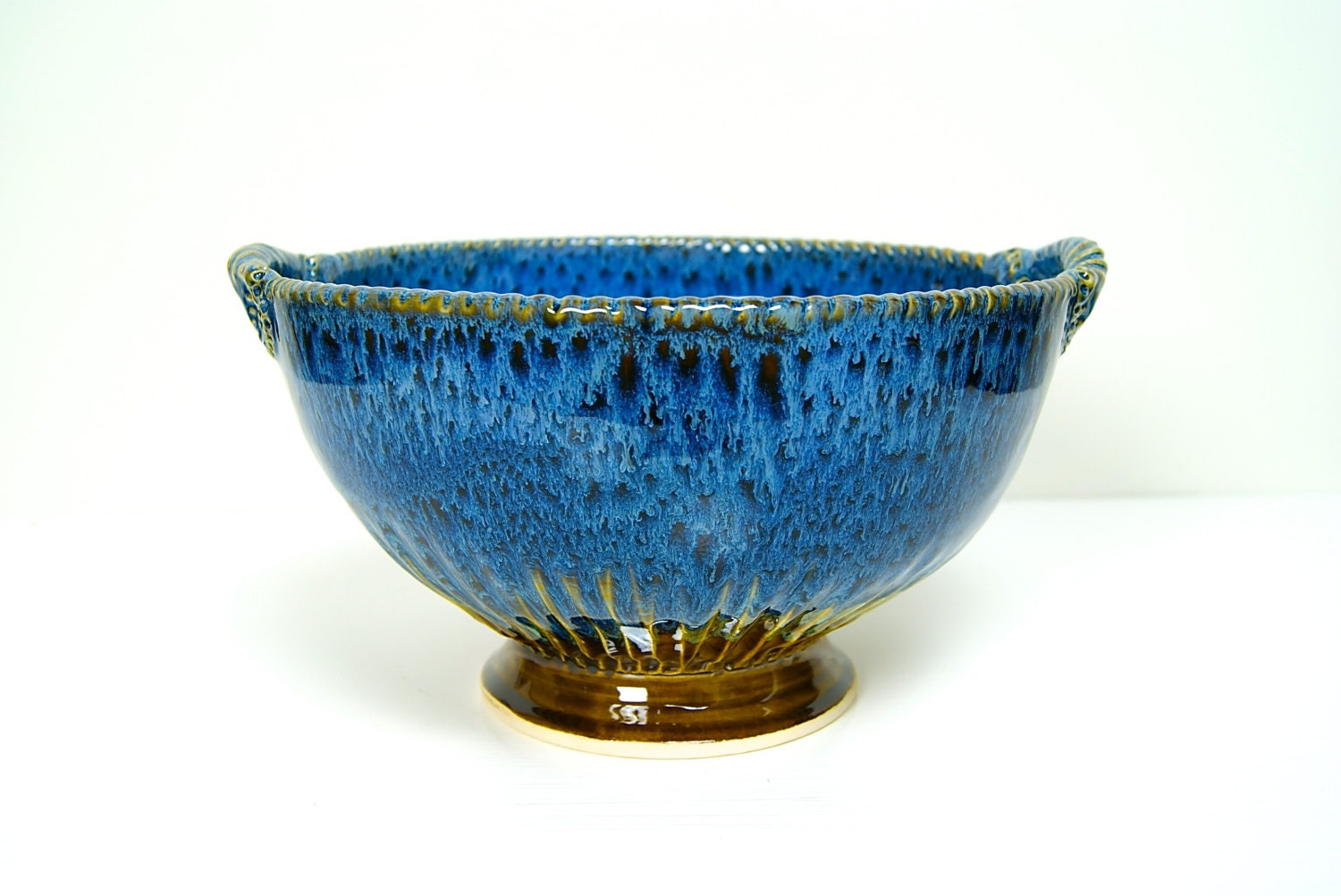 Handmade Bowl / Ready to Ship /  Textured Rim and Handles / Blue and honey brown