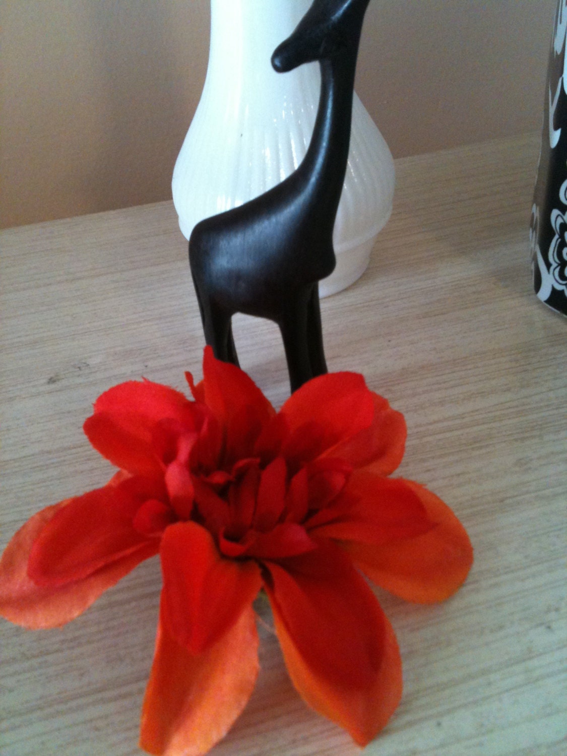 Faux Flower Hair Clip Hand Painted Bright Fire Red Orange