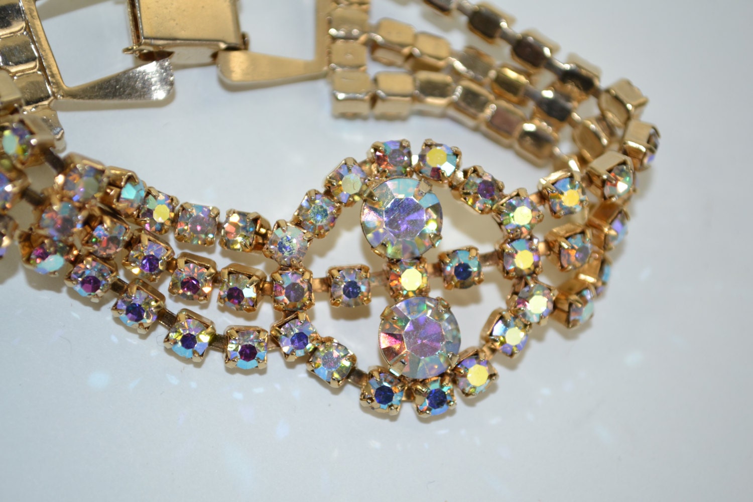 Vintage 1950s Aurora Borealis Rhinestone Bracelet Wedding 1960s Bridal Fashions