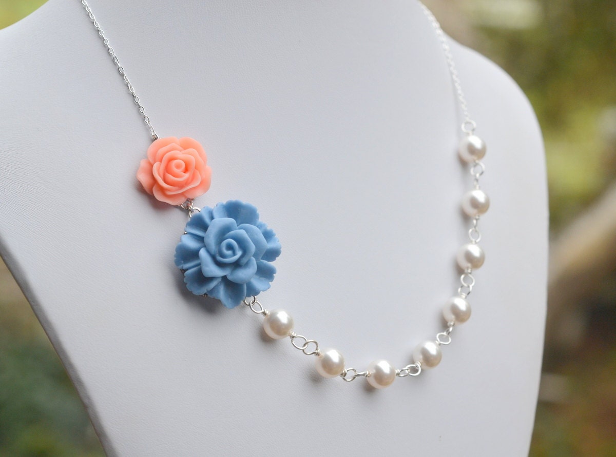 Robins Egg Blue and Peach Rose Asymmetrical Pearl Necklace. Bridal Jewelry.  Bridemaids Necklace. Rose Wedding Necklace.