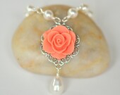 Coral Orange Rose and White Swarovski Pearl Teardrop Necklace, Bridal Necklace, Wedding Bridesmaids Jewelry