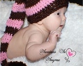 Stocking Cap, Elf Stocking Cap, Baby Girl, Crochet Baby Hat, Striped, Pink, Brown, 0 to 3 months, Crochet Photo Prop
