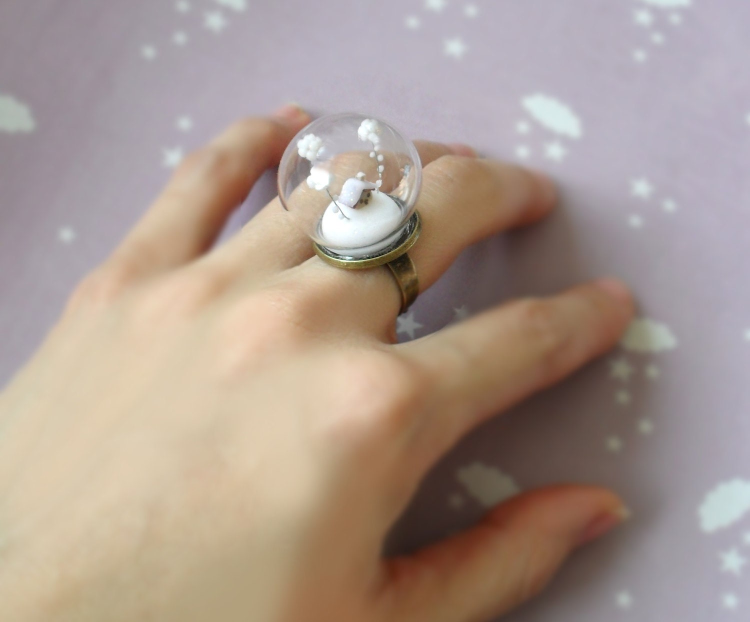 Christmas Ring Snow-covered landscape-Little house and white clouds- Winter Terrarium ring.