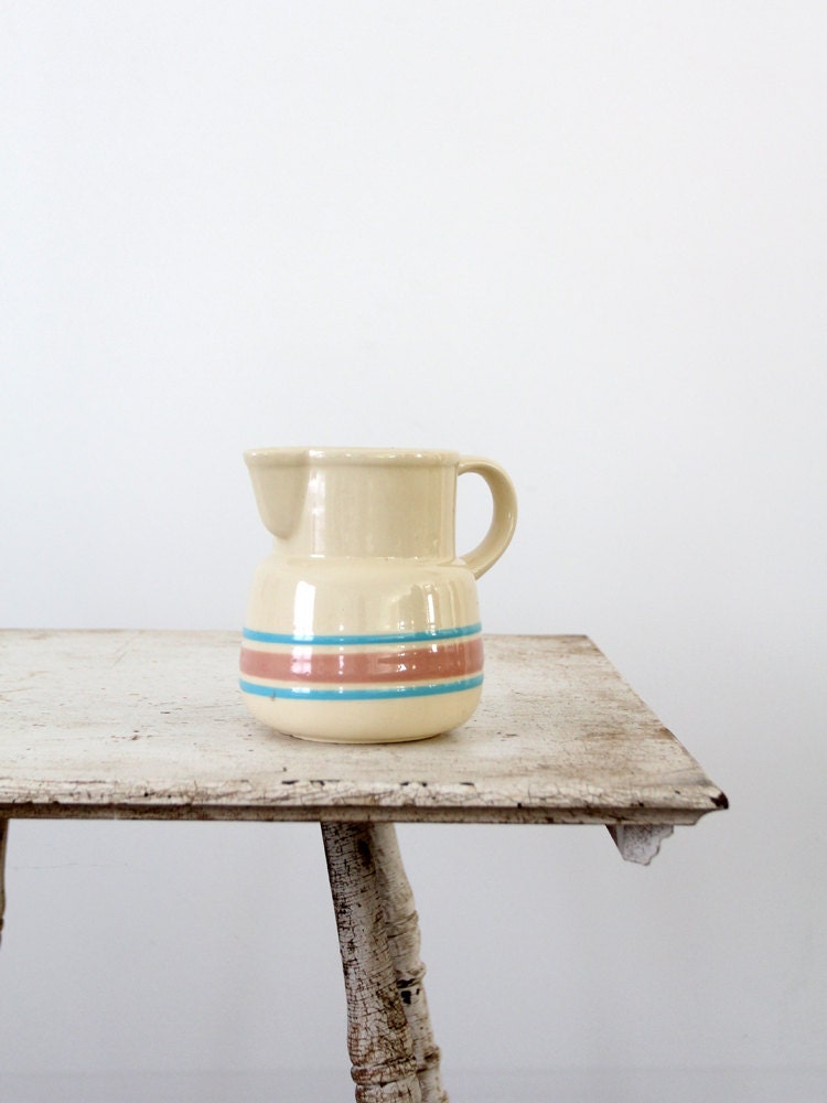 Vintage McCoy Stoneware Pitcher / Pink & Blue Stripe