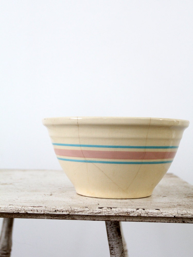 Vintage McCoy Stoneware Bowl / 10" Bowl / Pink & Blue Stripe