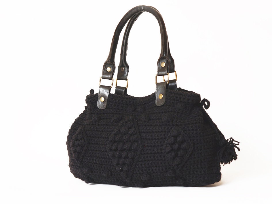 Black Handbag- Celebrity Style With Genuine Leather Handles- shoulder bag- crochet bag- hand made