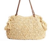 Beige velvet shoulder bag  with Genuine Leather Handles