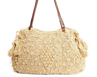 Beige velvet shoulder bag  with Genuine Leather Handles