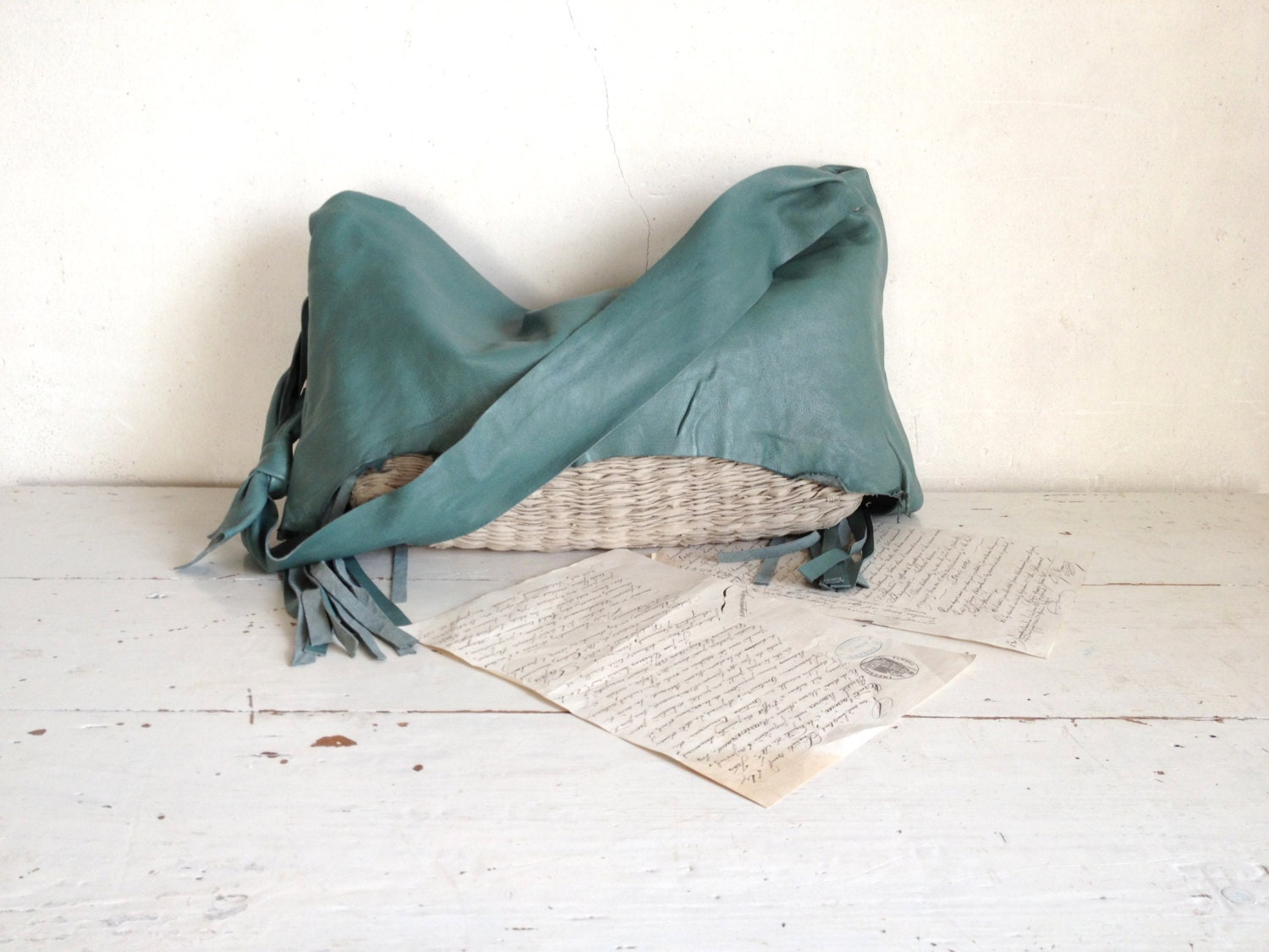 Leather Bag in Slouchy Sea Green  with Handweave and Tassels .  Made to Order