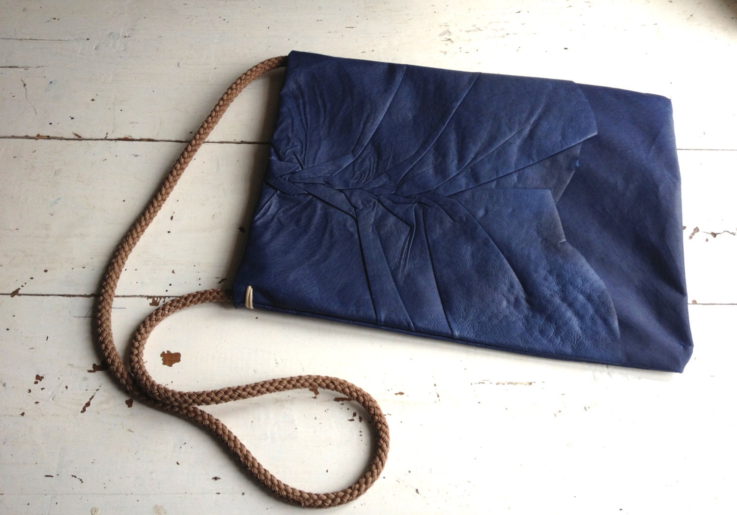 Royal Blue Leather Tote with Pleated Detail and Rope Strap - Ready to Ship