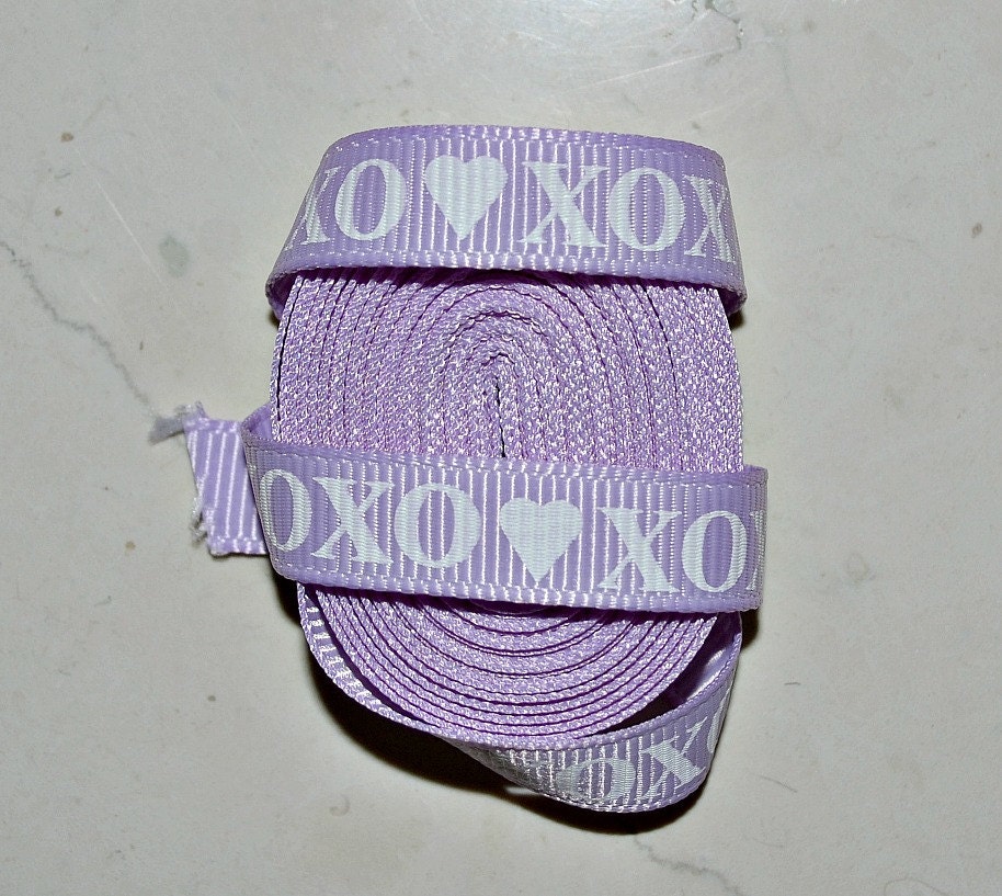 white hearts and hugs/kisses on lavender 3/8" grosgrain ribbon- valentines Il_170x135