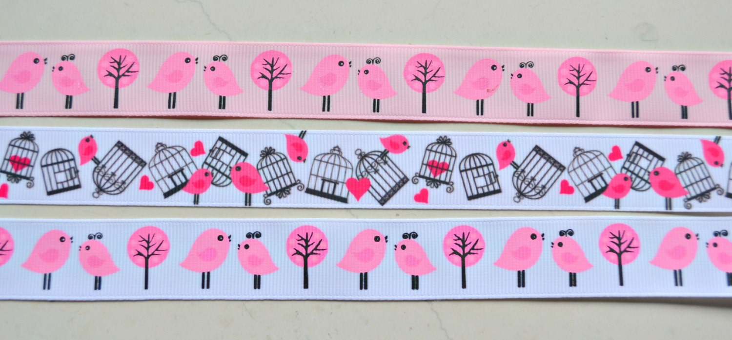 Sweet Sweet birdies and cages on white 7/8" grosgrain ribbon combo set Il_570xn