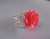 Red Rose Ring in Shiny Silver,Filigree Ring,Adjustable Ring,Nickel free Ring - Birthday,Anniversary,Gift,Love - Great for Sensitive Skin