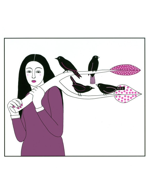 10" x 8" Art Illustration Print Stylised Woman With Birds Narrative Contemporary Black Purple White Folk Drawing