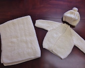 Handmade soft crochet/knit baby sweater, cap & blanket set
