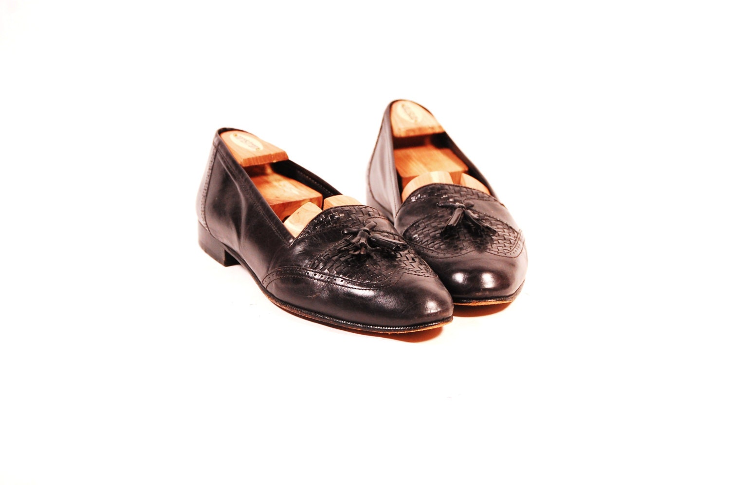 Vintage Mens US 11 Adolfo Black Leather Braided Italian Slip On Wingtips Loafers Oxfods with Tassels Frill