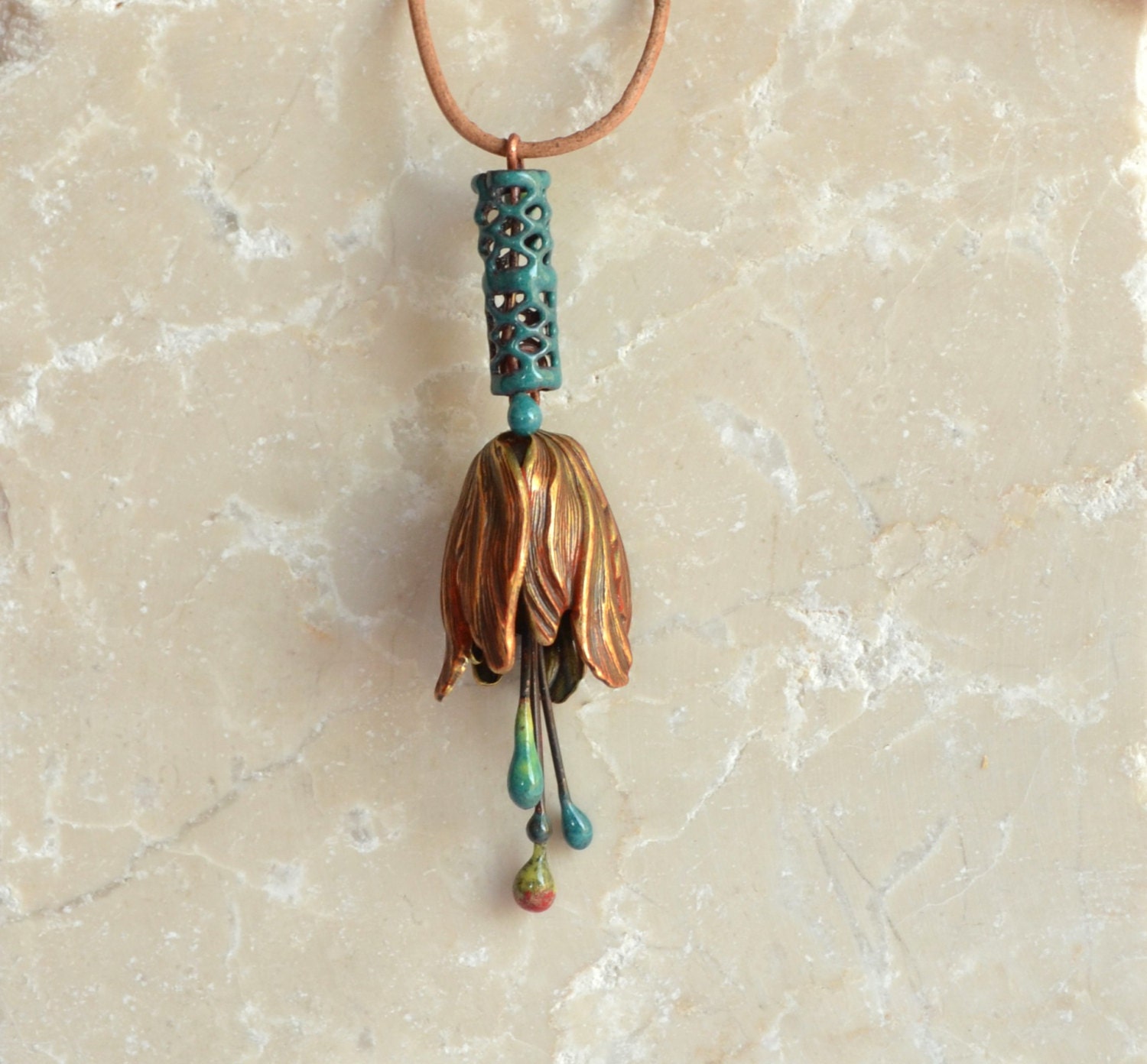 Necklace with Leather Cord and Enameled Pendant, Copper Clasp, Handmade