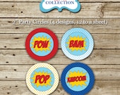 Super Hero superhero party circles, stickers, labels, comic book birthday, printable, digital INSTANT DOWNLOAD