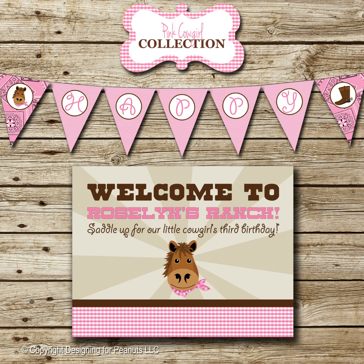 Pink Cowgirl Personalized Birthday Party Pack: printable invitation, thank you, banner, sign, party circles, favor tags, food/drink label