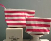 Medium and Small Bright Pink Cabana Stripe & Polka Dot Oilcloth Cosmetic Bag Set / Makeup Bag Set / Cosmetic Cases / Travel Set