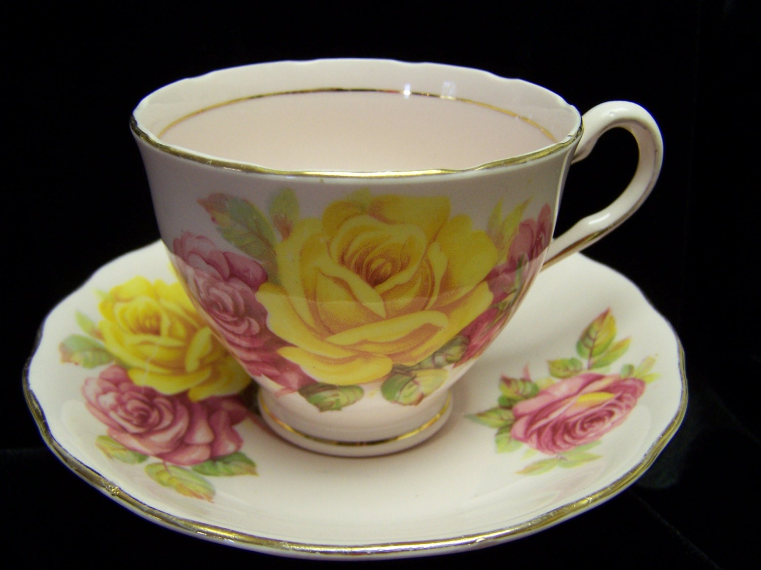 Colclough of England Pink Yellow and Pink Rose Decor Cup and Saucer