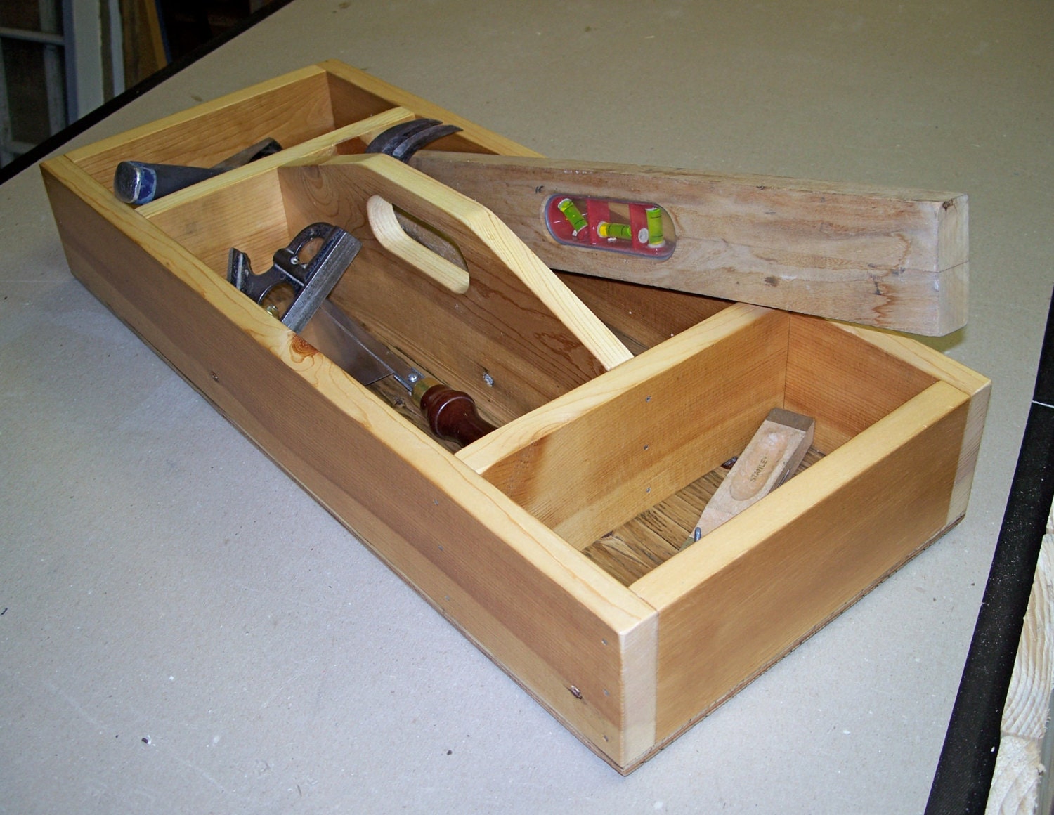 Tool Box, Handcrafted Single Layer Wood Tool Box with Four Compartments