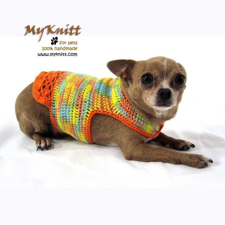 Yellow Orange Dog Dress Cat Clothes Doggie Coat Puppy Clothing Pet Spring Hand Crocheted D900