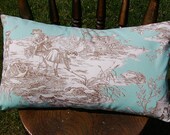 Decorative pillow - toile de jouy pillow - french pillow - shabby chic pillow - aqua pillow - 12" x 20" pillow - lumbar pillow