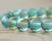 Czech Glass Bead  - Light Teal Green - AB Finish - 30 -  Druk Round - 6mm (cab-727)