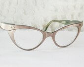Vintage 50s Cat Eye Glasses 1950's Eyeglasses Tan Pearl Double Wing Petite Women's Size 42/20 Selecta Frame France