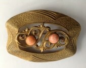 Antique Victorian Sash Pin / Brooch with Coral Glass Cabochons