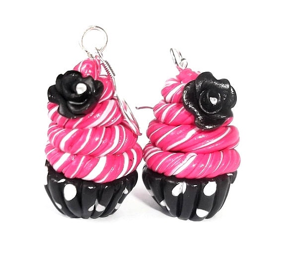 Pink Cupcakes Black Roses Earrings Polymer Clay Dangle Earrings Kawaii Jewelry Fun Earrings
