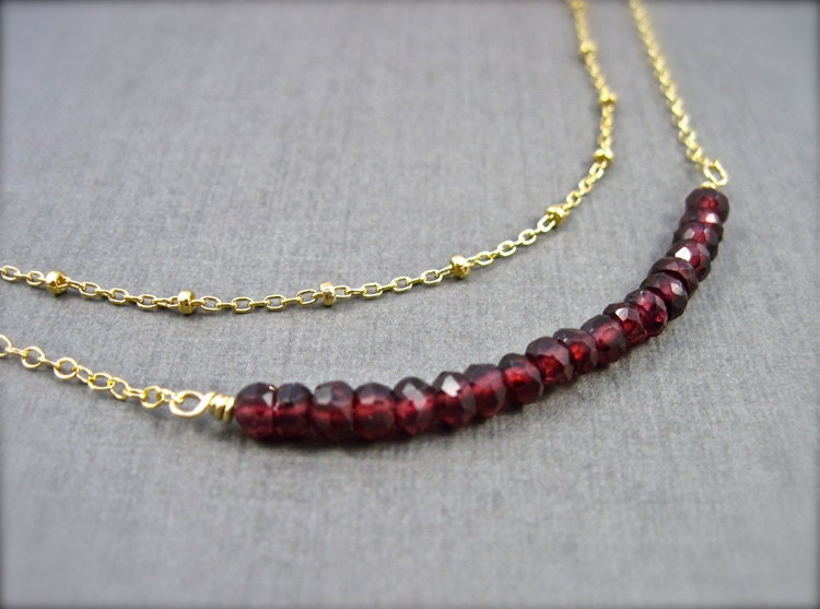 Garnet Necklace in 14K Gold Fill, Gold Layering Necklace, Red Gemstone Necklace, January Birthstone Necklace